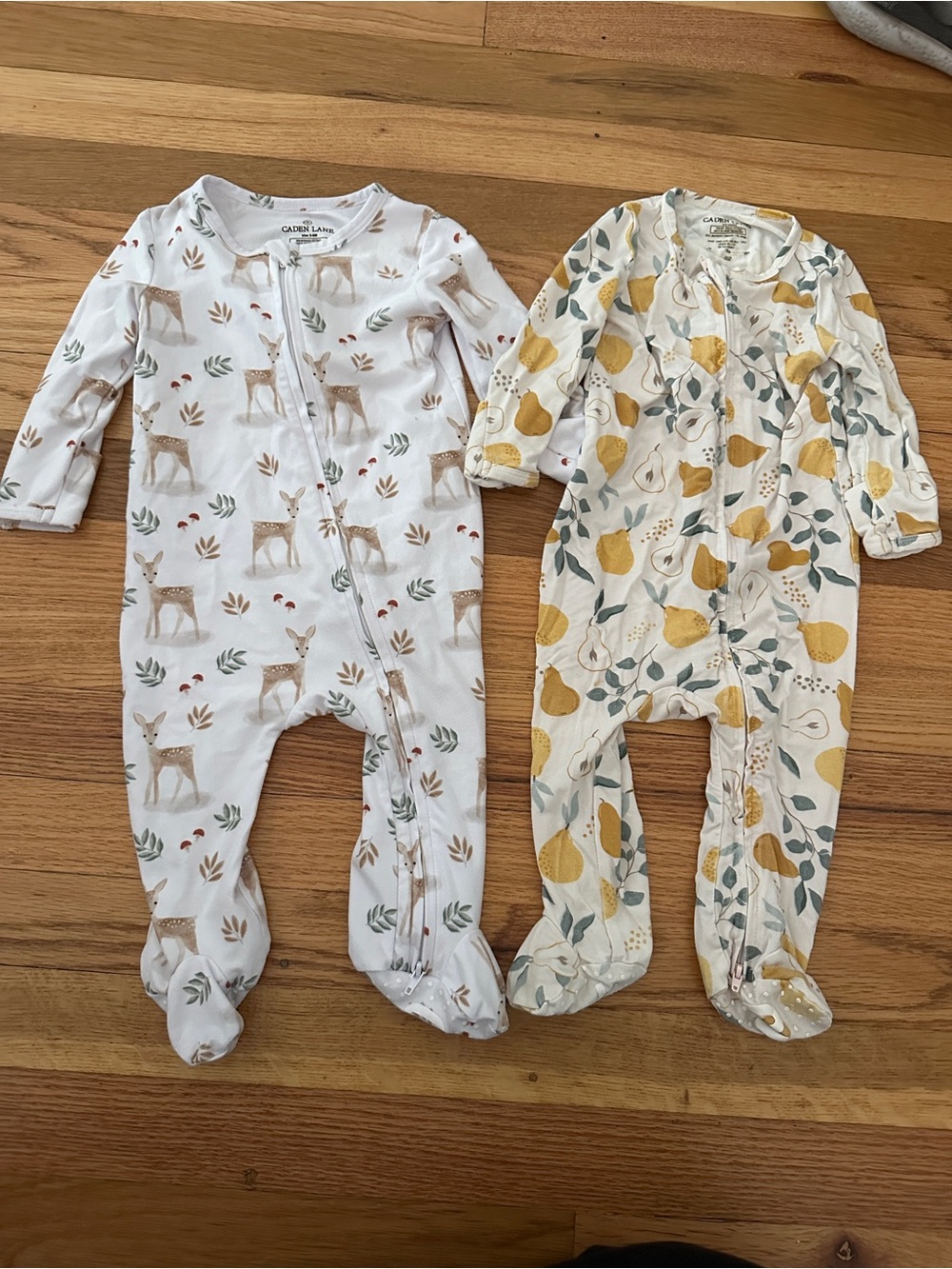 Bundle: Caden Lane Neutral Deer & Yellow Pear Print Footies